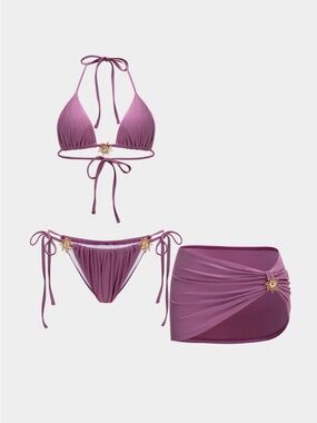 Women’s Purple Three-Piece Tie Bikini Set with Skirt